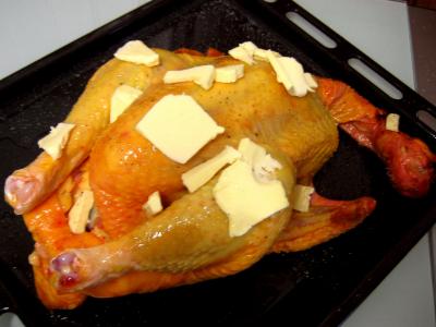 Chapon aux pommes et légumes avec sauce au champagne et armagnac - 21.3