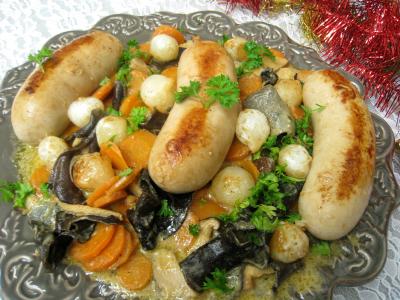 Image : Boudins blancs aux champignons noirs et aux chiitakes