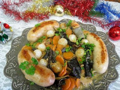 Image : Boudins blancs aux champignons noirs et aux chiitakes