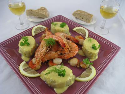 Image : Crevettes flambées et sa sauce au citron et sa purée de fenouil