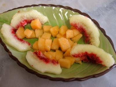 Gâteau au chocolat et son coulis de melon et pêches - 12.3