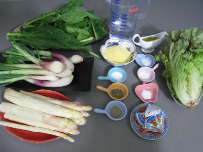 Ingrédients pour la recette : Polenta aux ognasses, aux épinards et aux asperges