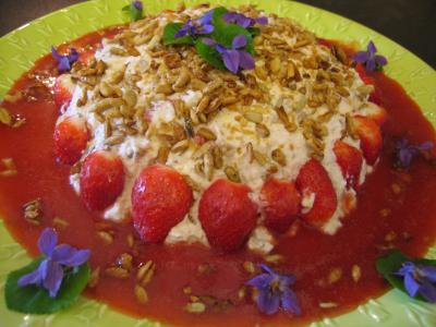 Image : Mousse aux graines de tournesol et son coulis de fraises