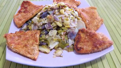 Vitelottes et légumes aux filets de dinde panés