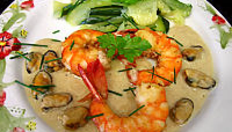 Gambas à la crème d'oignons et au Madère