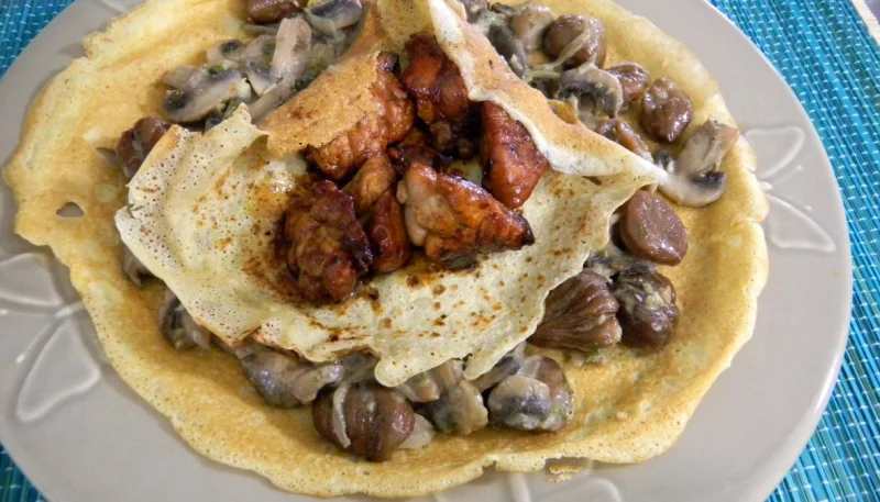 Crêpes aux ris de veau, châtaignes et champignons