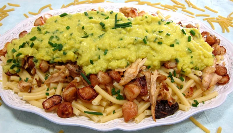 Maccheroni au poulet, navets et coulis de courgette
