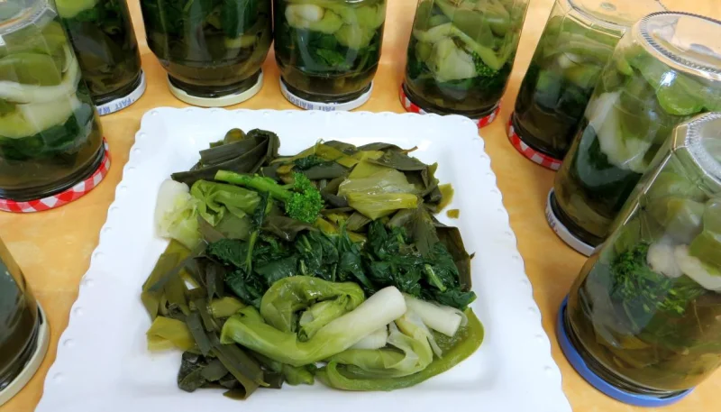 Conserves de légumes d'été (poivrons, poireaux, brocolis, épinards)