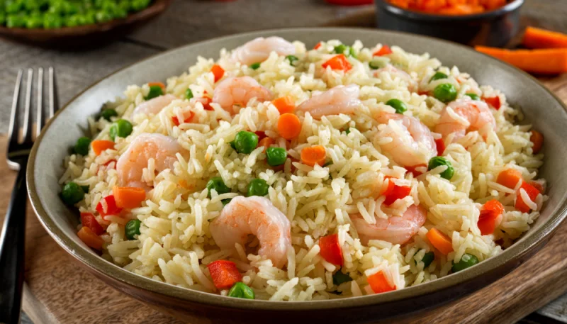 Riz sauté aux crevettes, poivrons et petits pois