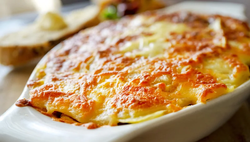 Gratin de pommes de terre, poireaux et jambon