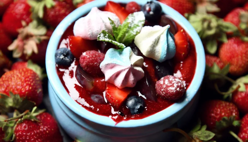 Fromage blanc au coulis de fruits rouges et meringues