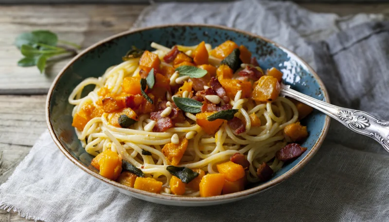 Spaghettis sautés au butternut et au bacon