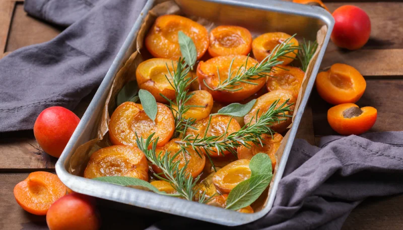 Abricots cuits au miel, sauge et romarin