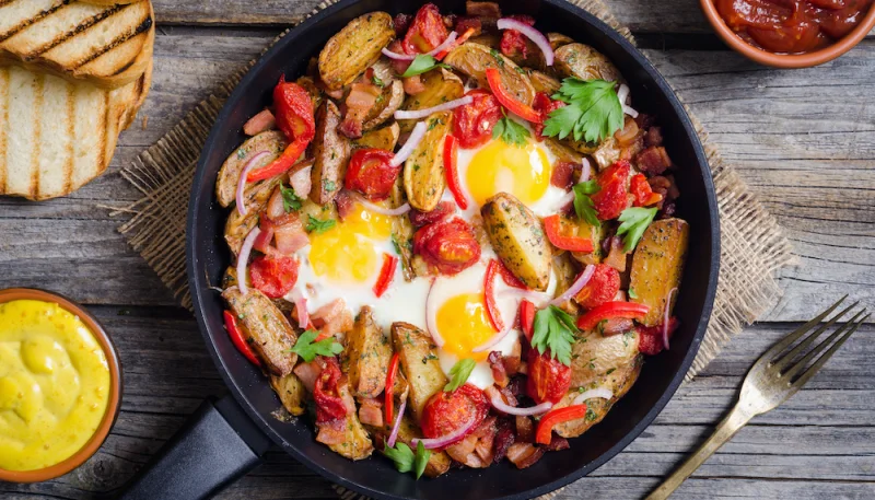 Pommes de terre sautées aux oeufs et aux légumes
