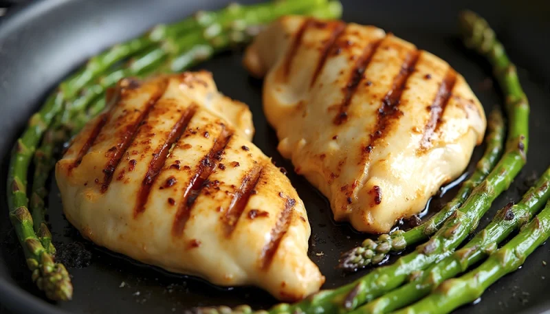 Blanc de poulet grillé et asperges vertes croquantes