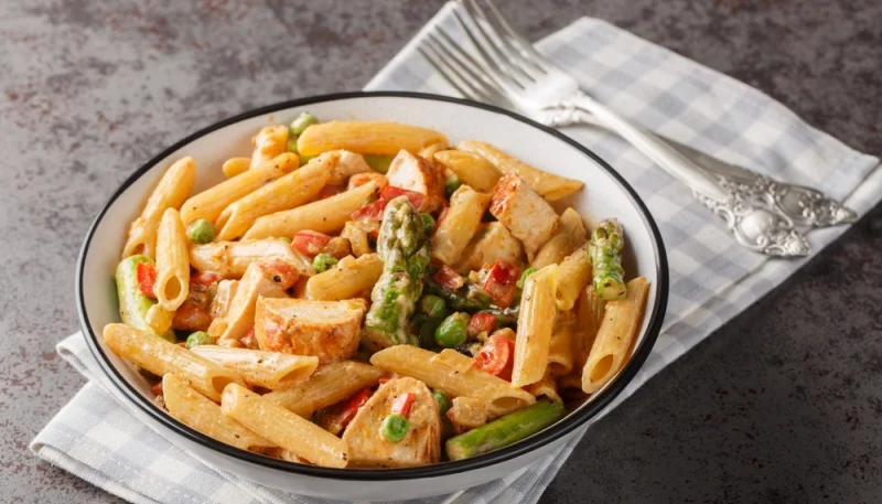 Penne crémeuses au poulet et légumes croquants