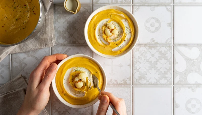 Soupe veloutée de carotte garnie de chou-fleur et d'herbes