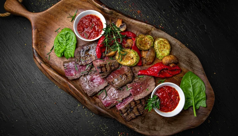 Steak grillé et légumes rôtis au four