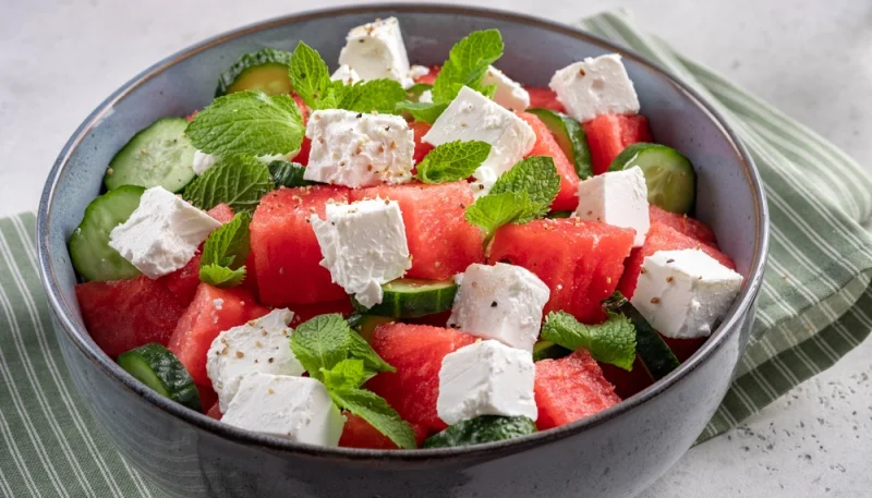 Salade grecque revisitée à la pastèque et à la feta
