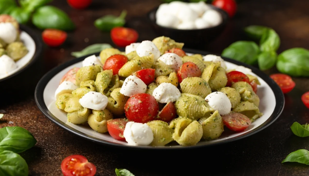 Salade de pâtes au pesto, tomates cerises et mozzarella