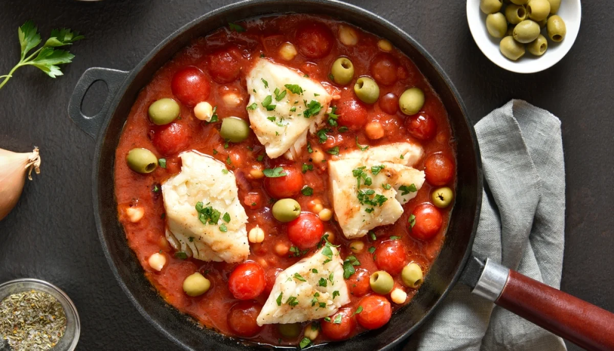 Filets de cabillaud aux tomates et olives