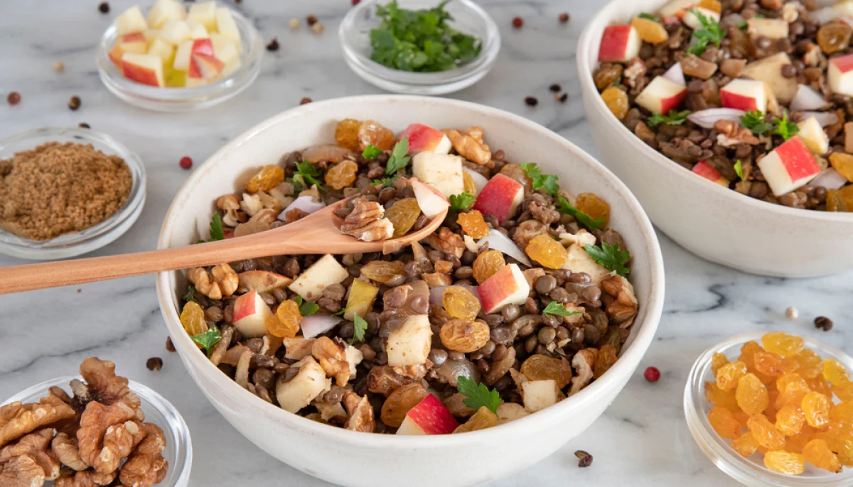 Salade tiède de lentilles, pommes et noix