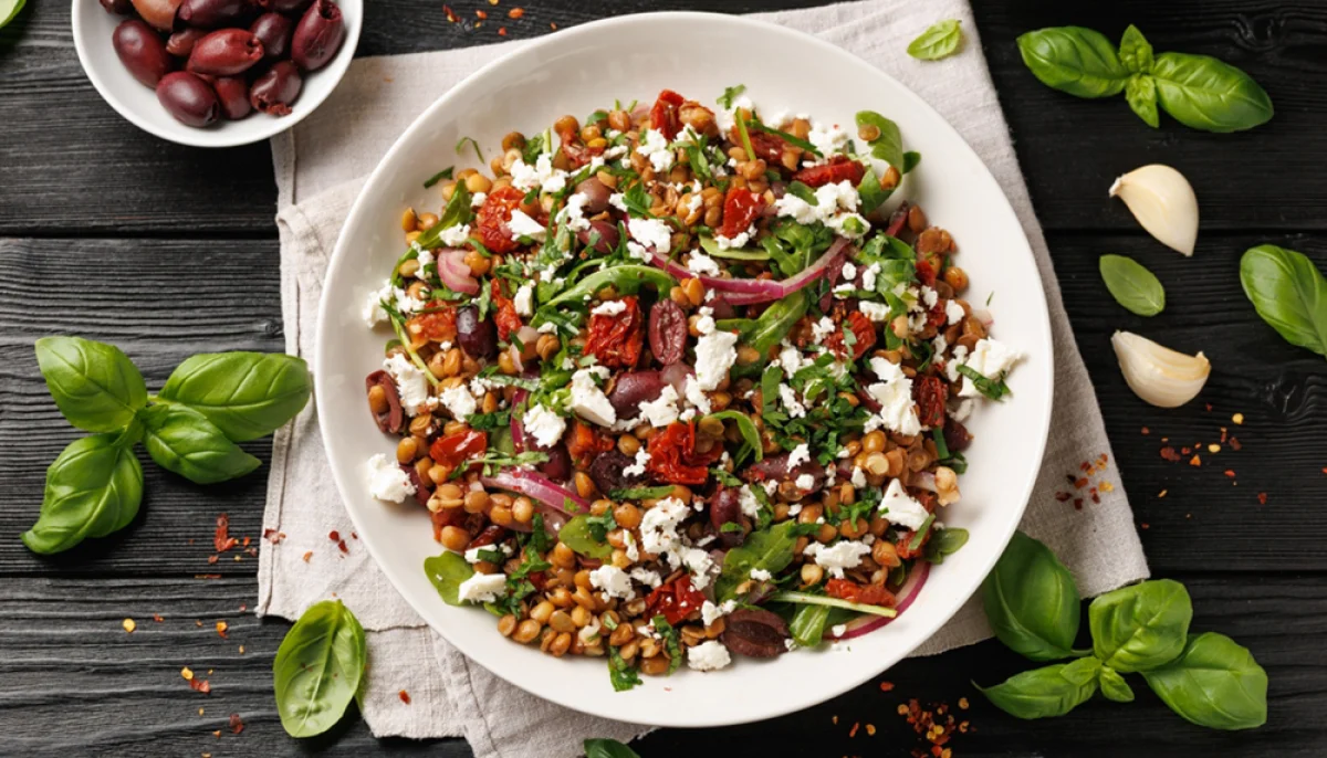 Salade tiède de lentilles vertes, tomates rôties et feta