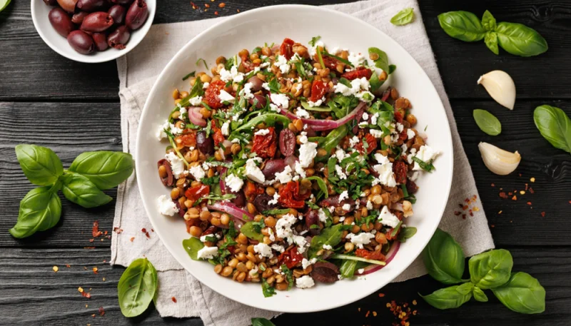 Salade tiède de lentilles vertes, tomates rôties et feta